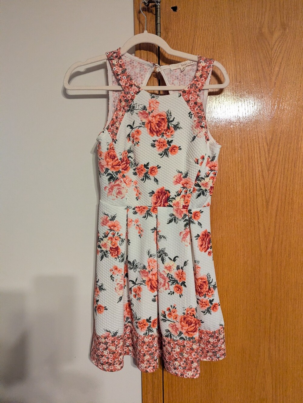 Floral Fit-and-Flare Dress in White with Coral Roses